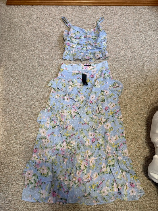 Lulus Easily Beloved Light Blue Floral Ruffled Asymmetrical Top & Maxi Skirt - Picture 4 of 13